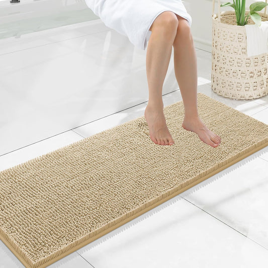 Luxury Chenille Bathroom Rugs 47X17, Extra Soft and Absorbent Shaggy Bath Mat, Machine Washable, Non-Slip Plush Carpet Runner for Tub, Shower, and Floor, Home Decor Accessories, Beige