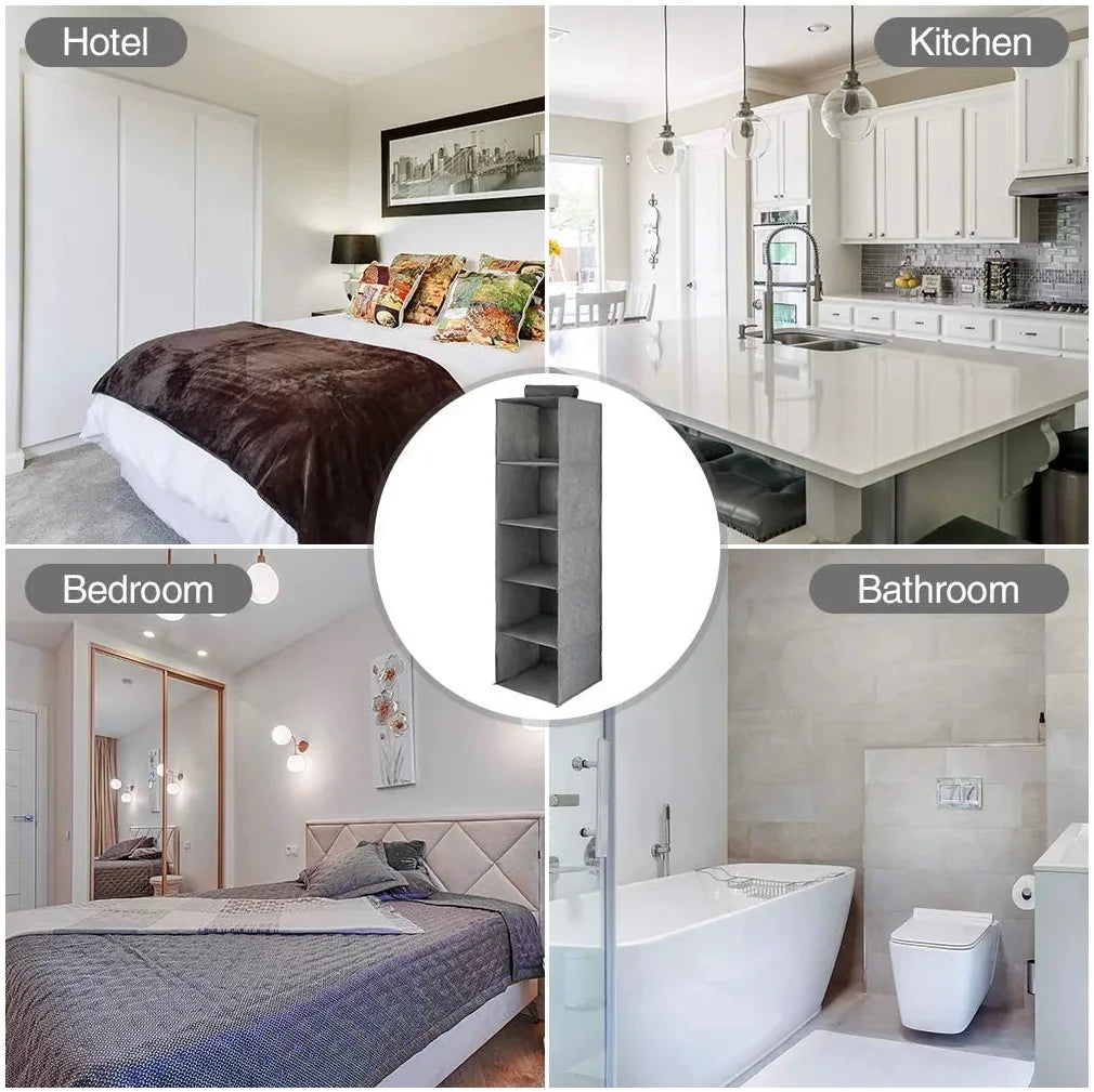 Hanging Closet Organizers and Storage, 5-Shelf Hanging Drawer for Closet, Collapsible Heavy Duty Hanging Closet Dresser for Clothes Bags Shoes Toys, Gray