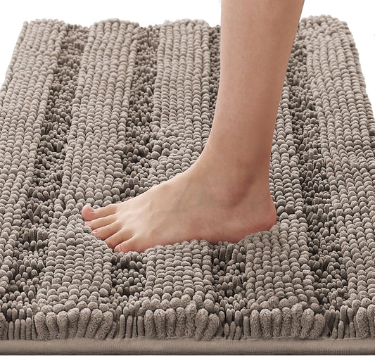 Bath Rugs for Bathroom Non Slip Bath Mats Extra Thick Chenille Striped Rug 20" X 32" Absorbent Non Skid Fluffy Soft Shaggy Washable Dry Fast Plush Mat for Indoor, Bath Room, Tub - Taupe