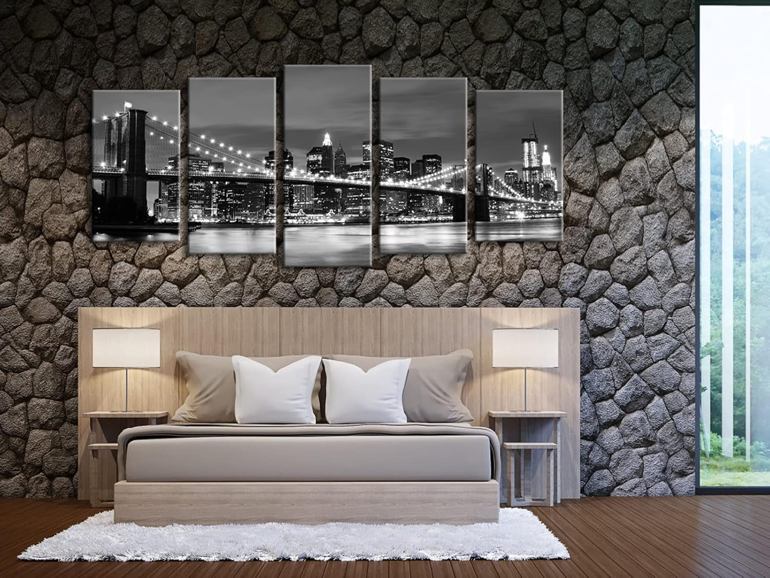 Large Brooklyn Bridge Night View Modern Giclee Canvas Prints Artwork Landscape Pictures to Photo Paintings on Stretched and Framed Canvas Wall Art for Home Decorations