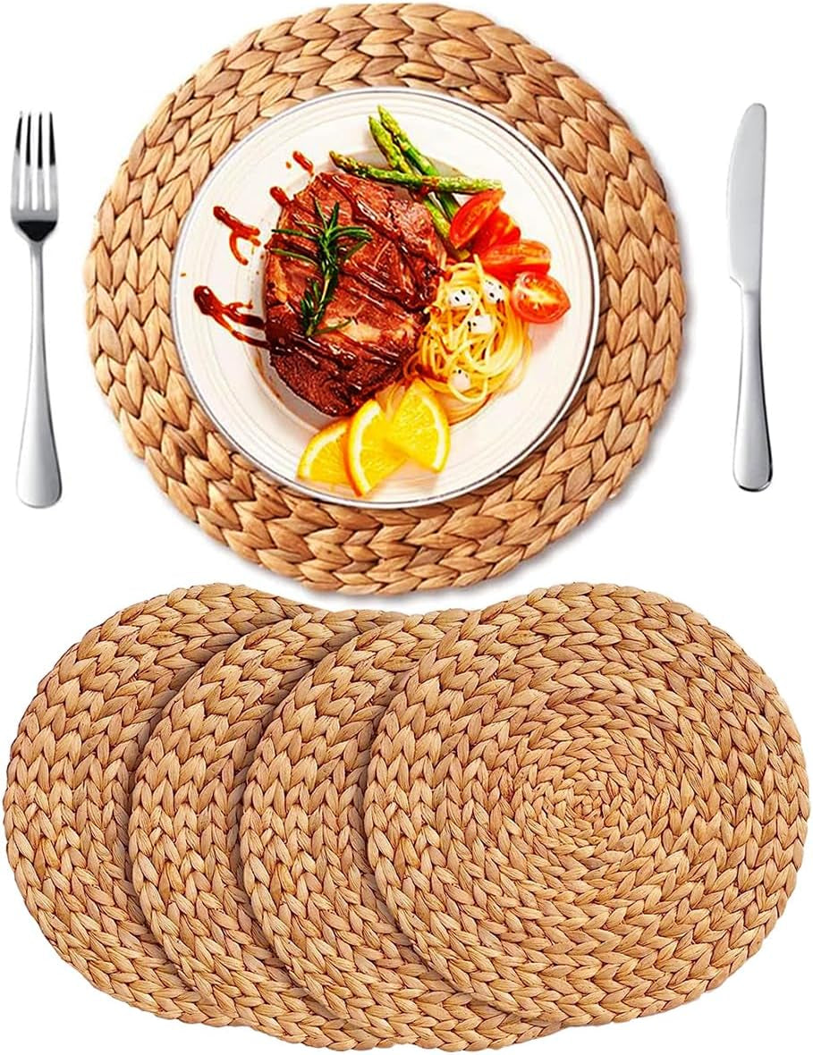 11.8'' round Woven Placemats 4Pcs Plate Chargers, Heat Resistant Non-Slip Water Hyacinth Weave Place Mats Farmhouse Straw Braided Rattan Tablemats Wicker Placemats for Dining Table Decoration