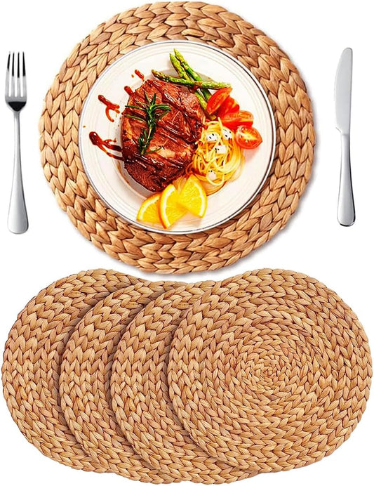 11.8'' round Woven Placemats 4Pcs Plate Chargers, Heat Resistant Non-Slip Water Hyacinth Weave Place Mats Farmhouse Straw Braided Rattan Tablemats Wicker Placemats for Dining Table Decoration