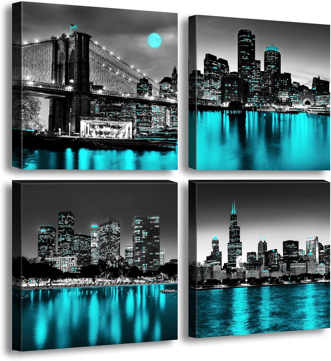 Wall Decorations Chicago Boston Los Angeles Brooklyn Bridge Skyline Canvas Art Black White USA New York City Pictures Teal Turquoise Lake Water Building Cityscape Home Living Room Office