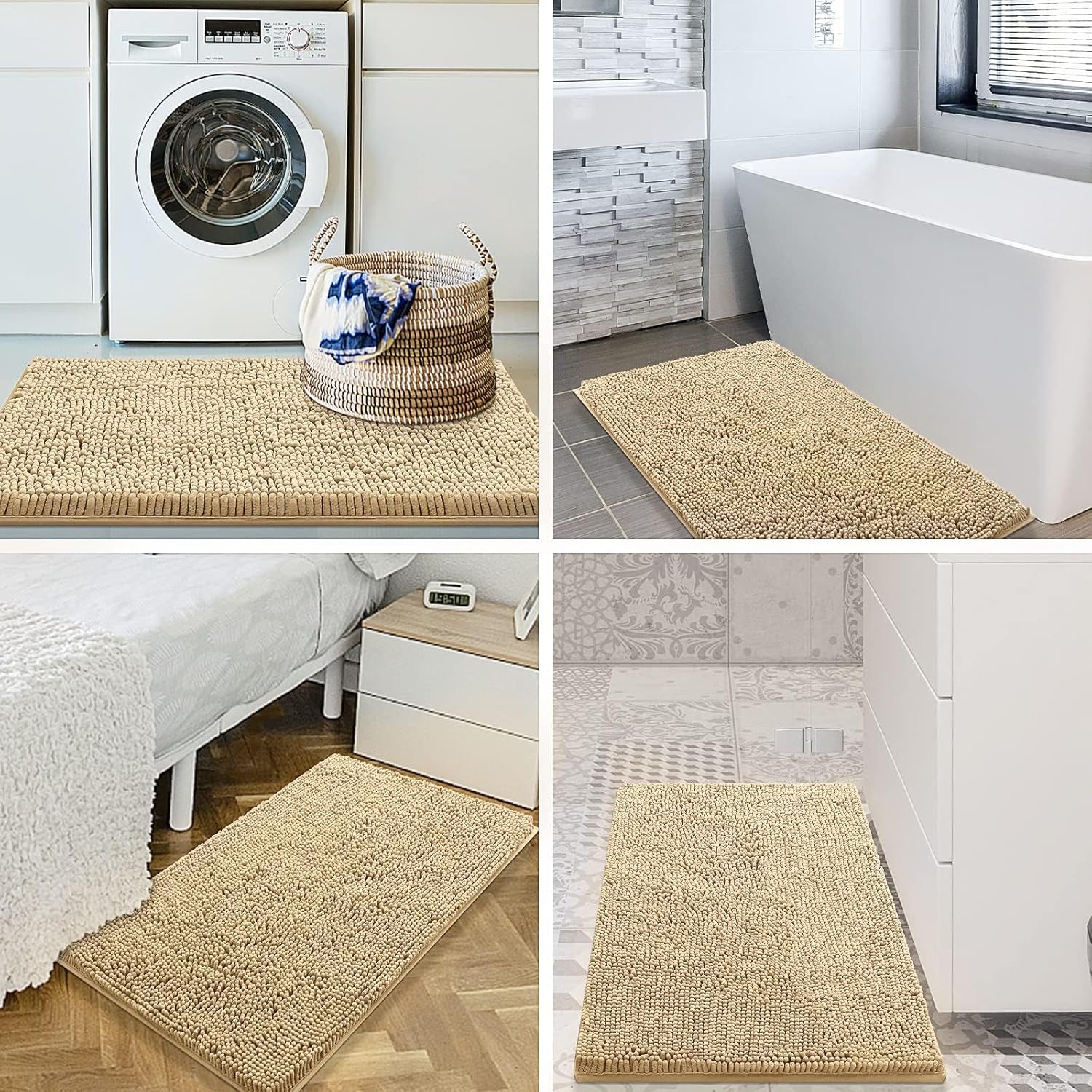 Luxury Chenille Bathroom Rugs 24X16, Extra Soft and Absorbent Shaggy Bath Mat, Machine Washable, Non-Slip Plush Carpet Runner for Tub, Shower, and Floor, Home Decor Accessories, Beige