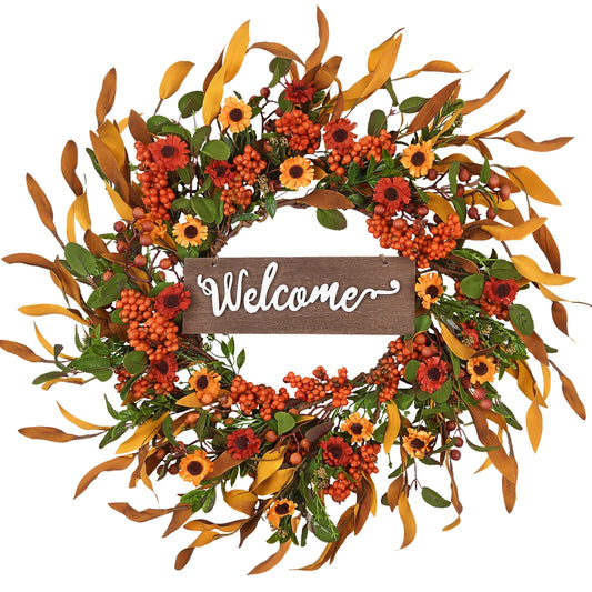 18 Inch Daisies Fall Wreaths for Front Door Fall Decorations for Home, Sunflower Fall Front Door Wreath with Berry for Fall Decor Outdoor Indoor Thanksgiving