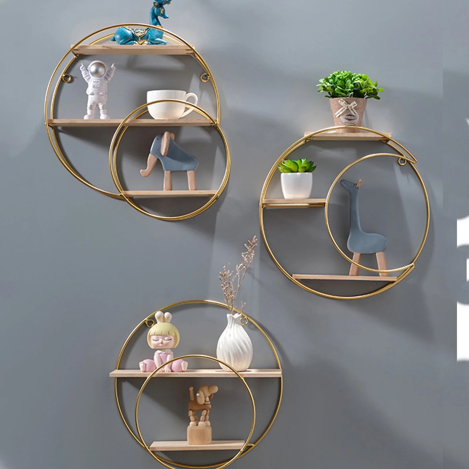 round Wall Shelf, Wall-Mounted Circular Shelf, Wood & Metal Wall Hanging Shelves Decor for Home Office, Circular Floating Shelves (Moon-Gold)