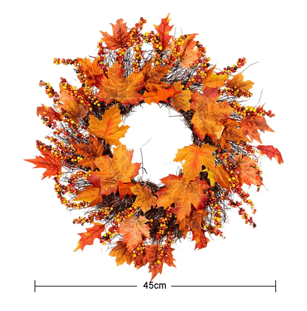 18 Inch Fall Wreath for Front Door, Fall Wreath with Wooden Maple Leaves, Gold and Red Foliage Fall Decorations for Home