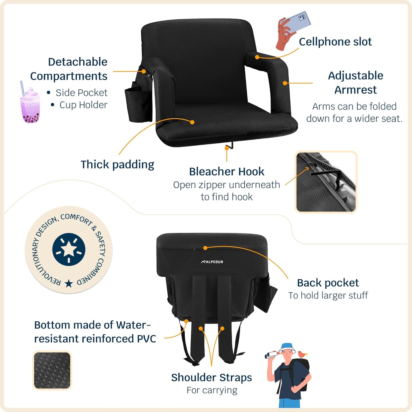 Reclining Stadium Seat – Wide Bleacher Chair with Back Support and Cushion, Armrests, Side Pockets, and Bleachers Hook – Best Stadium Seats Chairs for Camping, Kayak, & Paddle Board Backs