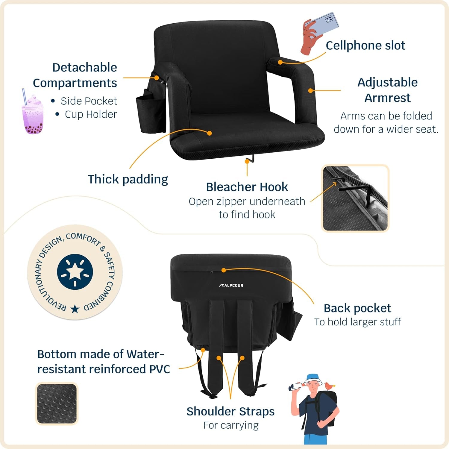 Reclining Stadium Seat – Wide Bleacher Chair with Back Support and Cushion, Armrests, Side Pockets, and Bleachers Hook – Best Stadium Seats Chairs for Camping, Kayak, & Paddle Board Backs