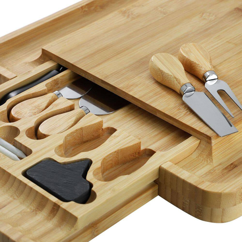 13.5 In. Bamboo Charcuterie Cheese Board with Drawer, Cheese Utensils, Bottle Opener, and 3 Piece Mini Chalkboard Set