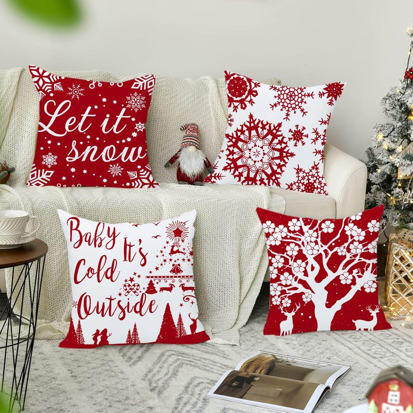 20 X 20 Set of 4 Merry Christmas Snowflake Baby It'S Cold outside Bright Red Deer Let It Snow Christmas Soft Velvet Decorative Throw Pillow Covers Cushion Case for Home Sofa Square 20 Inches