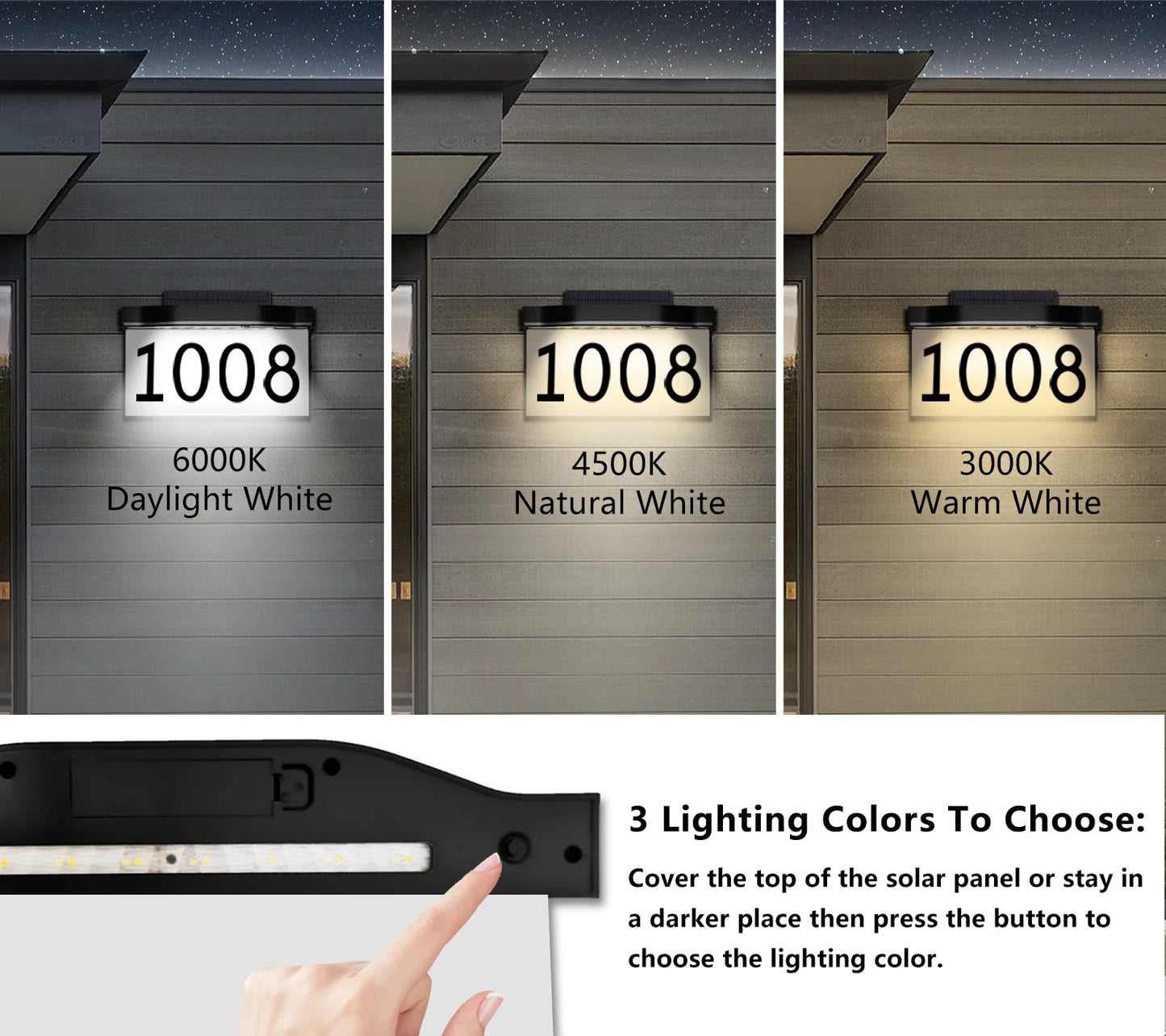 Solar House Numbers Address Plaques 3 Lighting Colors & Adjustable Solar Panel House Number for Outside, LED Solar Powered Address Sign Outdoor Waterproof