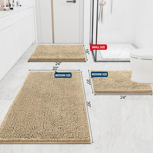 Luxury Chenille Bathroom Rugs 47X17, Extra Soft and Absorbent Shaggy Bath Mat, Machine Washable, Non-Slip Plush Carpet Runner for Tub, Shower, and Floor, Home Decor Accessories, Beige