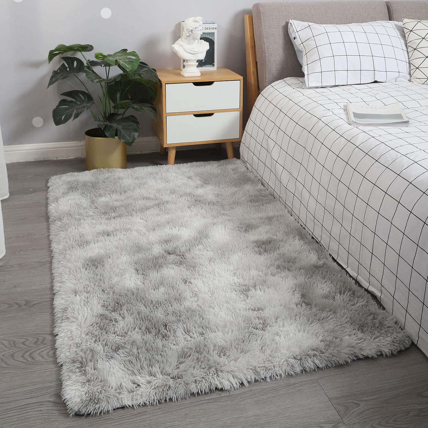 Shag Ultra Soft Area Rug, Non-Skid Fluffy 4'X6' Tie-Dyed Light Grey Plush Indoor Fuzzy Faux Fur Rugs for Living Room Bedroom Nursery Decor Furry Carpet Kids Playroom